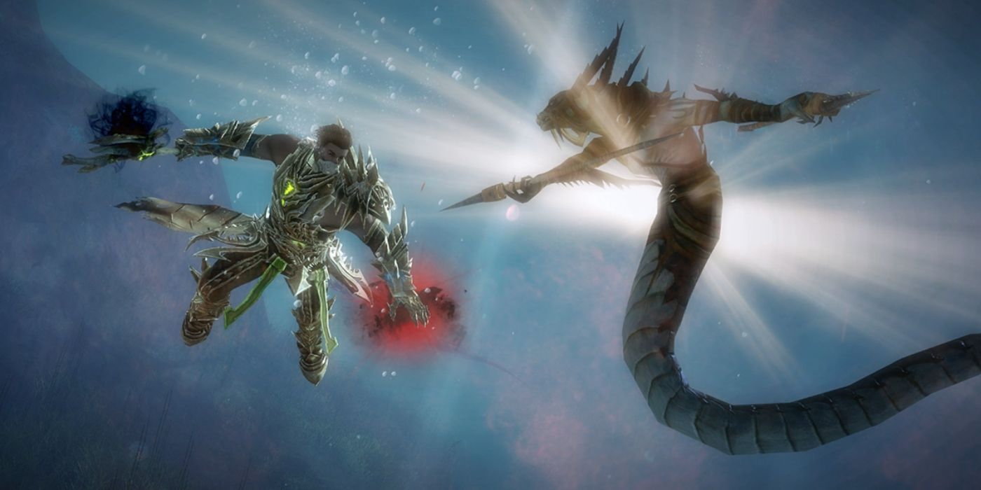 Guild Wars 2 Human Male Fighting Naga-Esque Water Creature