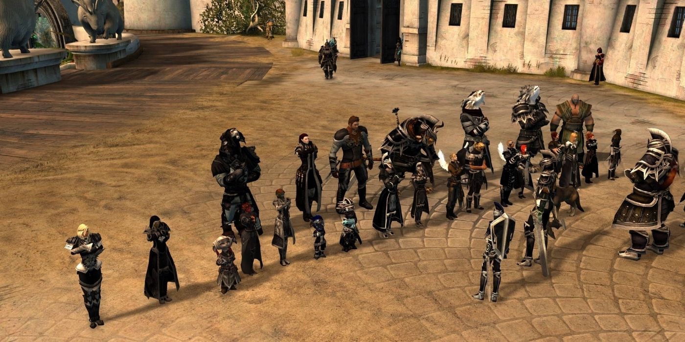 Guild Wars 2 Roleplaying Session, Players Lined Up In Lion's Arch All Wearing Vigil Armour
