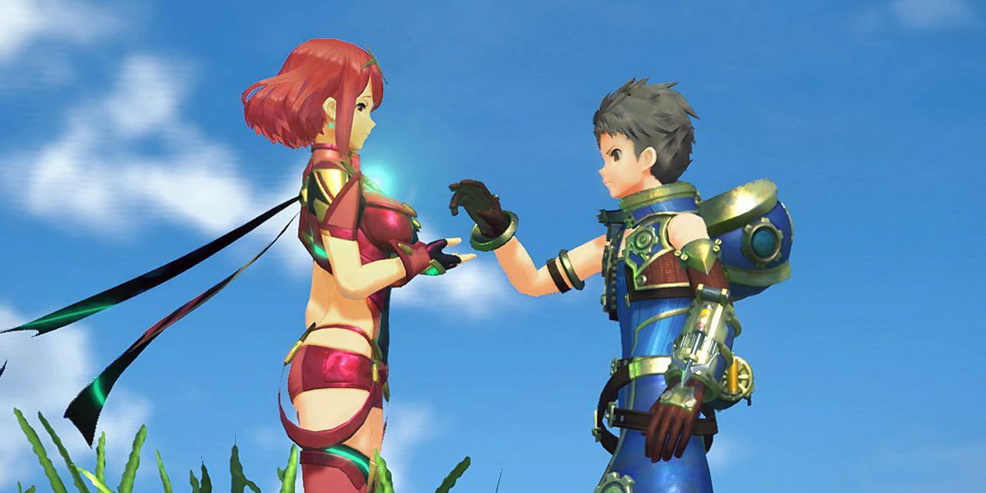 Rex reaches out to bond with Pyra's core crystal in Xenoblade Chronicles 2
