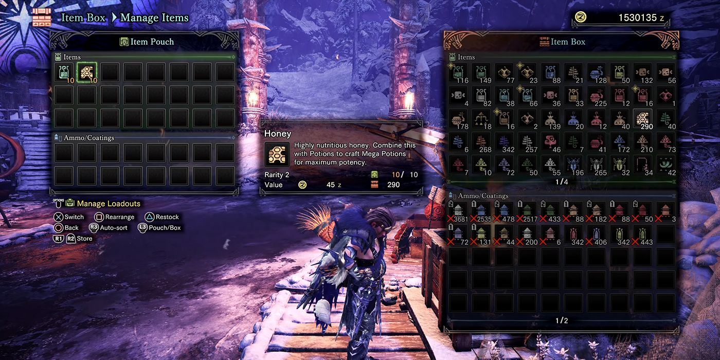 Monster Hunter World: Throwing Honey Into The Item Pouch For An Expedition