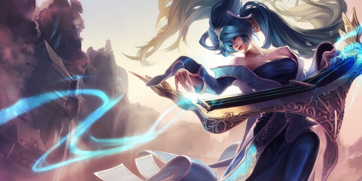 Sona in her splash art playing music in League of Legends