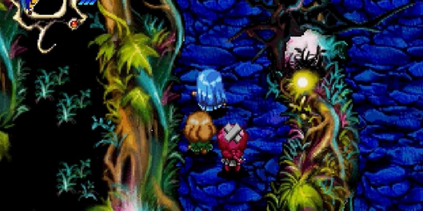 Three girls walking in a dark forest.