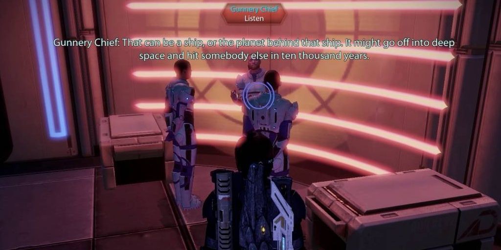 Mass Effect Gunnery Chief speaking to soldiersScreenshot