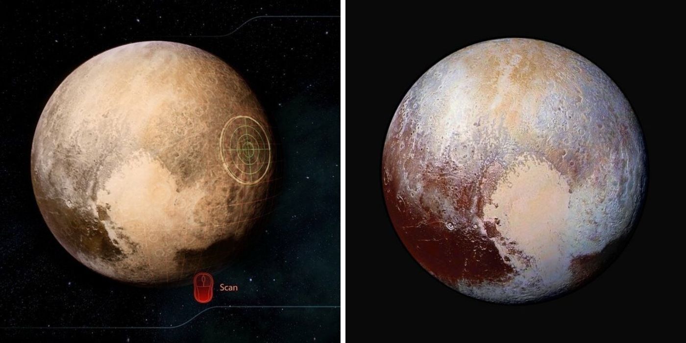 Mass Effect Legendary Edition Split Image, Real Photo Of Pluto On Right, Updated Pluto In Mass Effect On Left