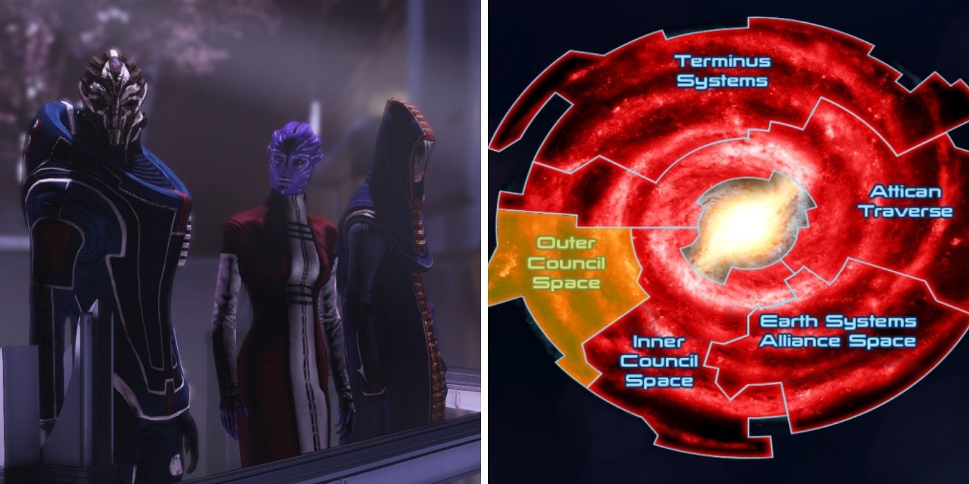 Mass Effect Split Image - Map of the Milky Way with Outer Council Space Highlighted on right, image of the Citadel Council in session on the left