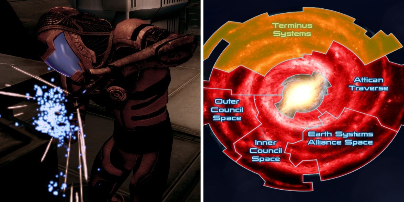 Mass Effect Split Image - Map of the Milky Way with the Terminus Systems Highlighted on right, image of a male Quarian using a tool on some kind of machine with sparks flying on left