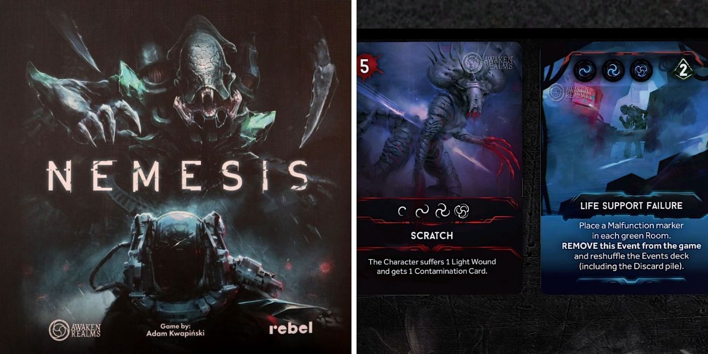 Nemesis: Board game box cover - Two cards from the game