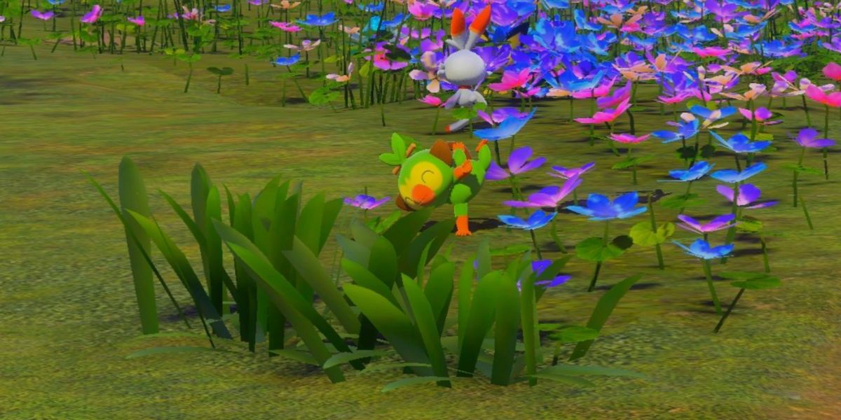Grookey posing for a four-star photo in New Pokemon Snap