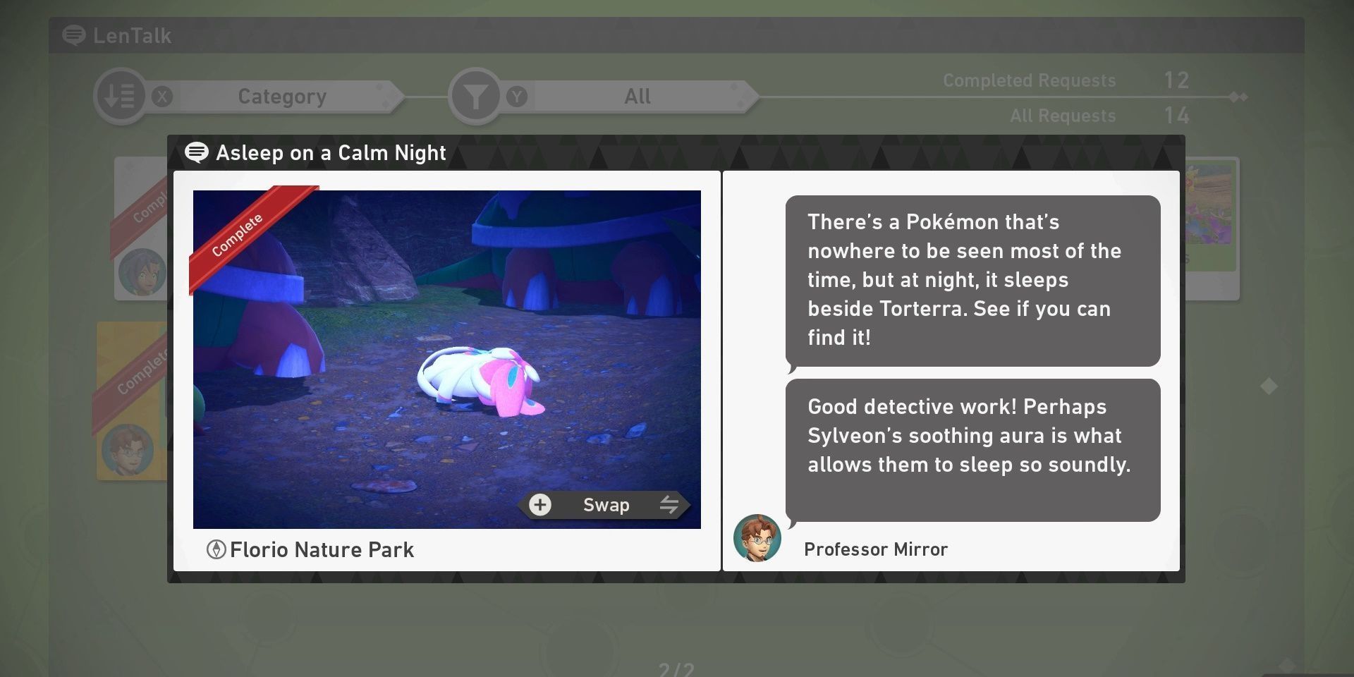 The LenTalk request for "Asleep on a Calm Night" in New Pokemon Snap