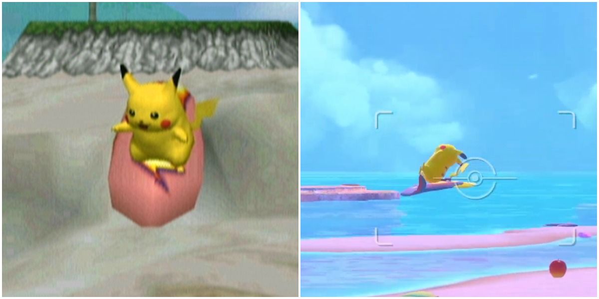 Split image new pokemon snap nintendo 64 surfing piakchu stunfisk