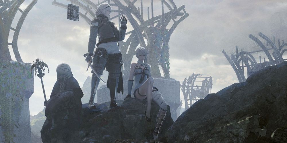 Nier Replicant Characters Sitting on Rocks Ready to Fight