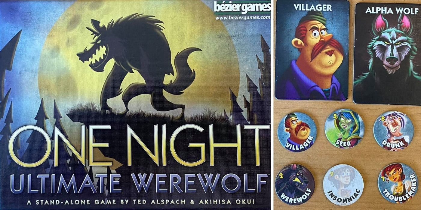 One Night: Ultimate werewolf - Board game box cover - The Villager and Alpha Werewolf cards - The role tokens
