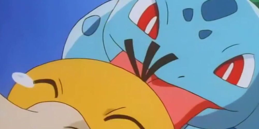 Bulbasaur using Lick against Psyduck in the Pokemon Anime