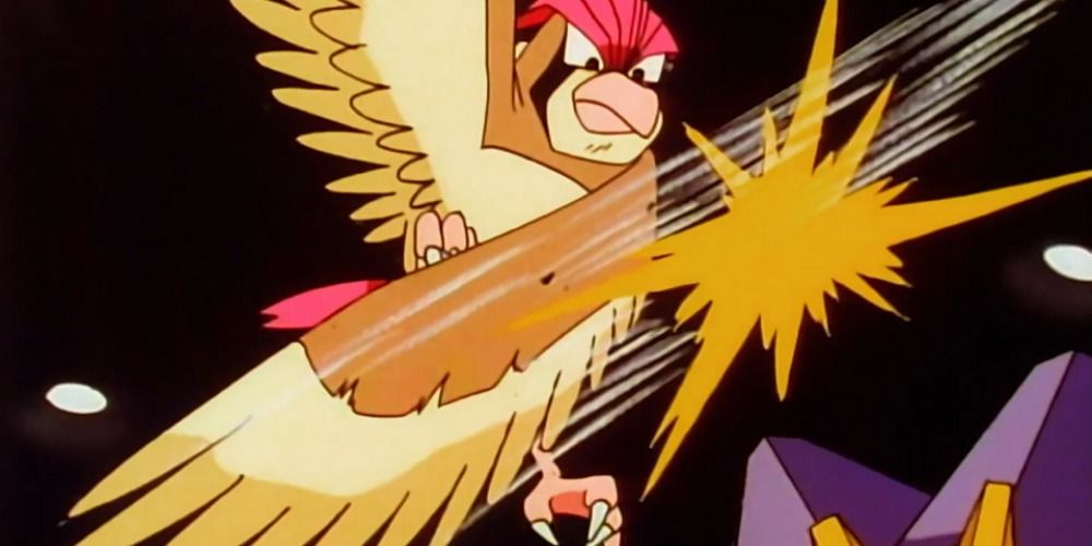 Pidgeotto using Wing Attack against a Starmie in the Pokemon Anime