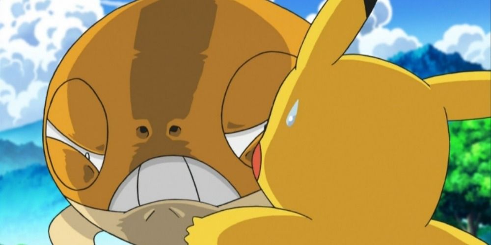 Scraggy using Leer against Ashs Pikachu in the Pokemon Anime