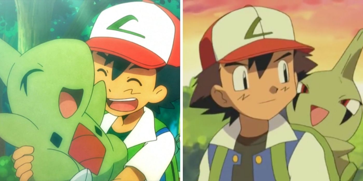 Pokemon Anime Split Image, Both sides are photos of Ash Ketchum with a Larvitar Pokemon