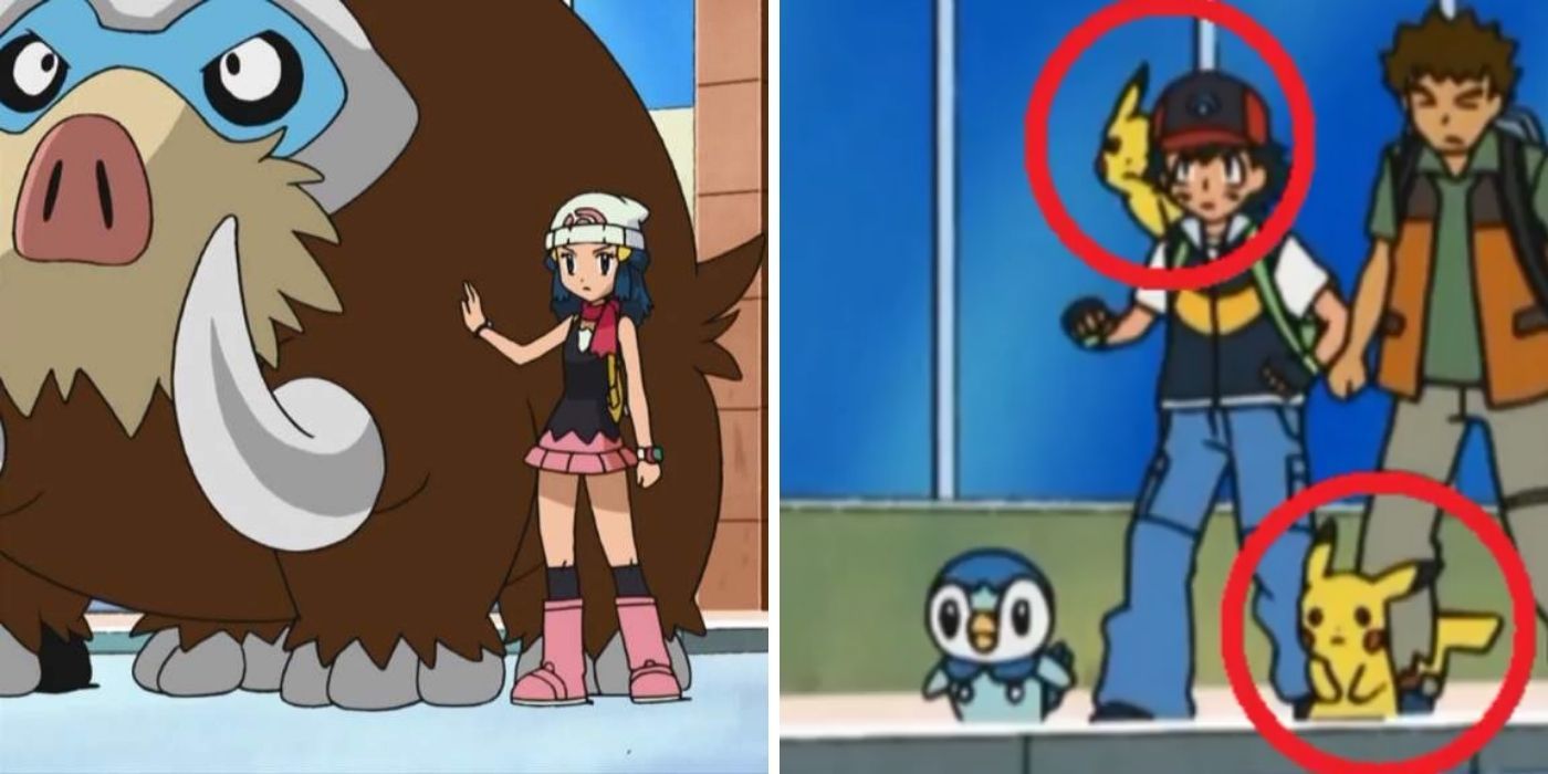 Pokemon Anime Split Image, Dawn with her Mamoswine on left, Piplup, Brock, Ash, and two Pickachus on right