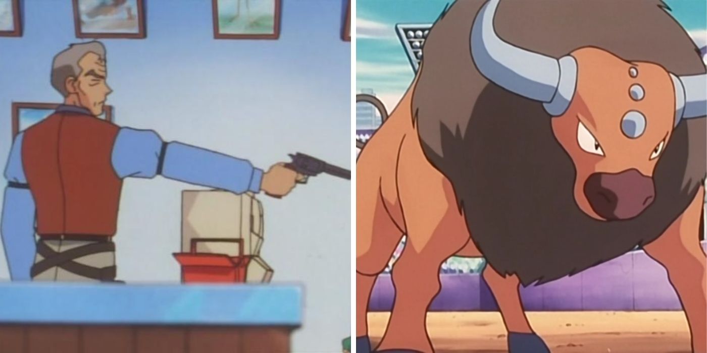 Pokemon Anime Split Image, Man holding revolver taunt on left, Tauros pokemon on left