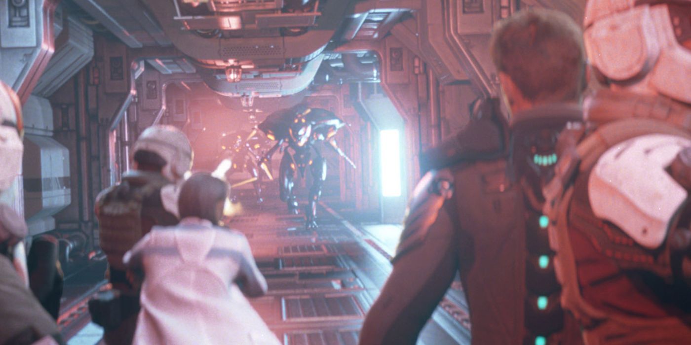 A Promethean Knights runs down the hallways of a human ship, while Doctor Halsey and Catherine Lasky back away from it.