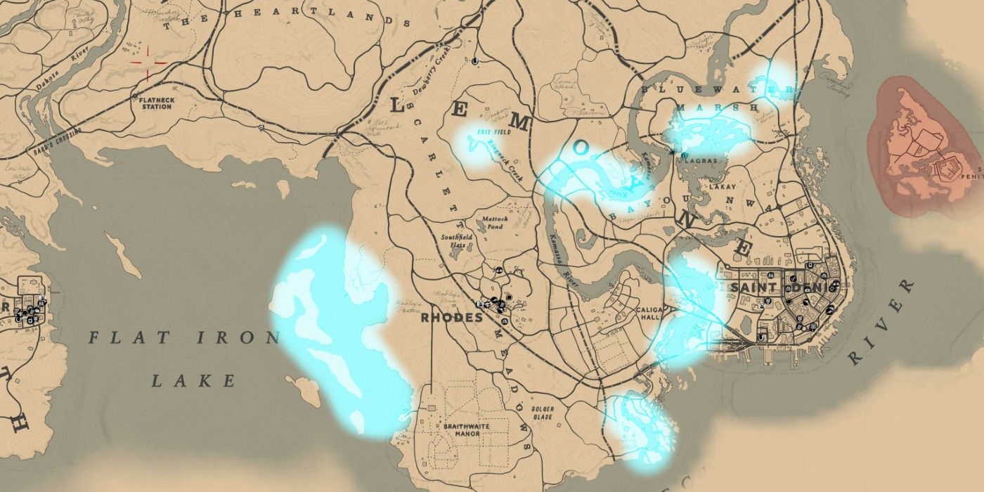 red dead online map with highlighted fishing spots