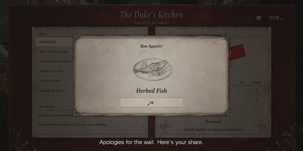 One of the cookable recipes at The Duke's Emporium.