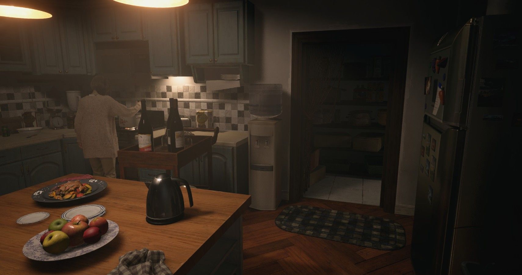 Screenshot of Ethan Winters kitchen in Resident Evil 8