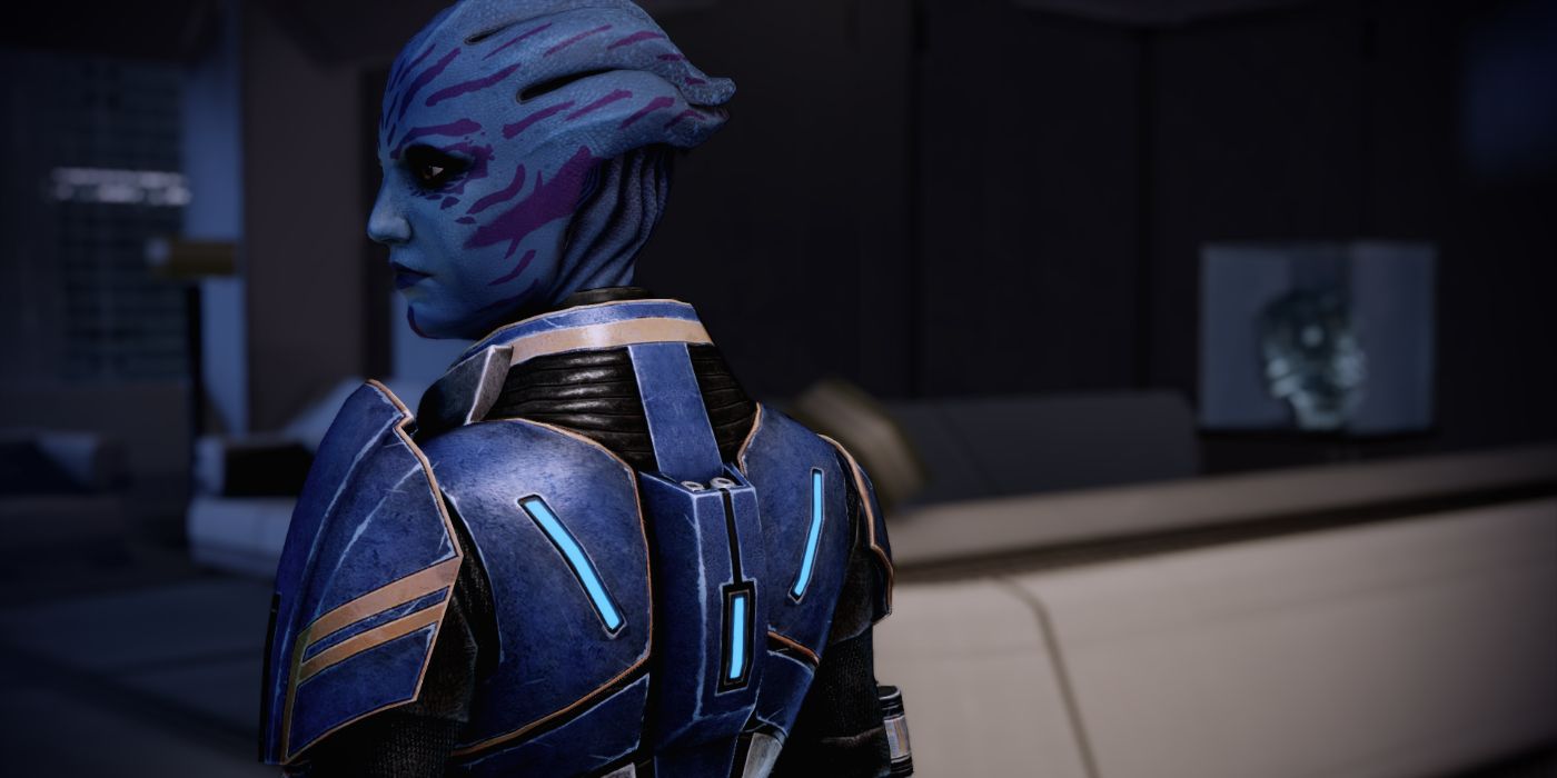 Tela Vasir, an Asari Spectre, looking over her shoulder towards Commander Shepard.