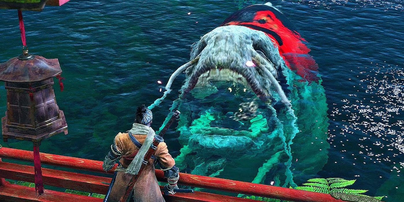 The giant koi in Sekiro, peering out from the water.
