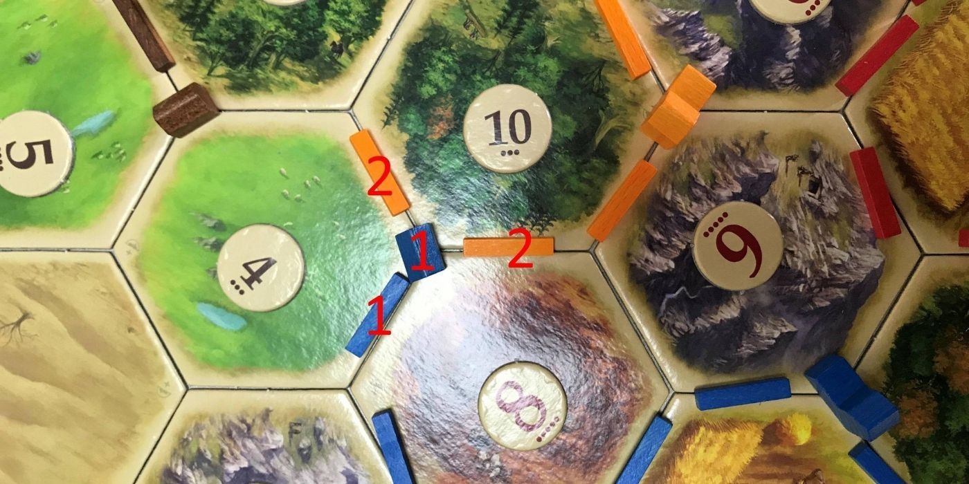 Settlers of Catan Board with 2 Players' Roads Meeting