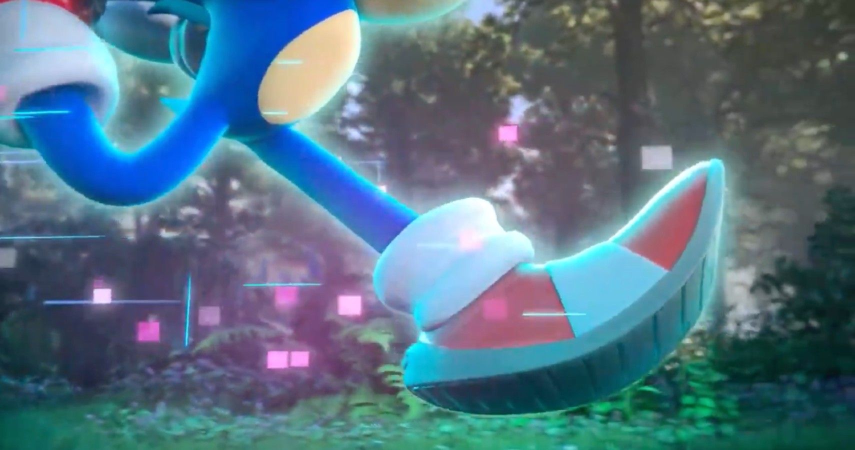 Sonic is running through a mysterious forest. Only his legs are visible.
