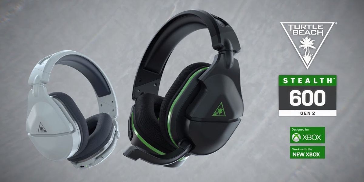 A promotional image for the Stealth 600 Gen 2 headset made by Turtle Beach, featuring two different versions of the headset.