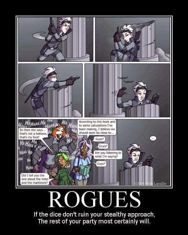 A comic strip, of a rogue approaching stealthily, and then beckoning the rest of the party to follow, but the rest of the party are talking loudly.