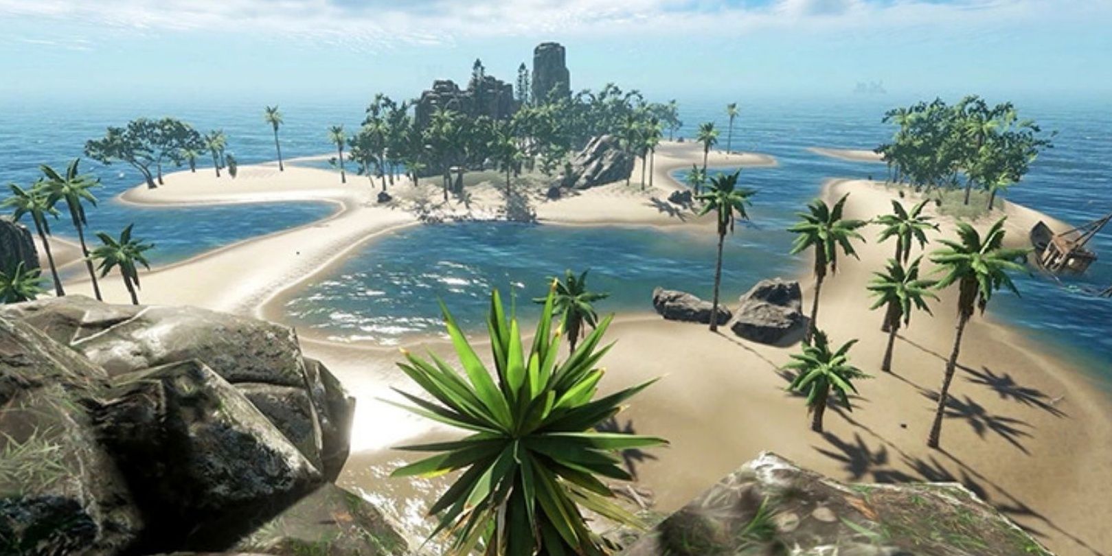 Overhead shot of a giant island with buildings in the background