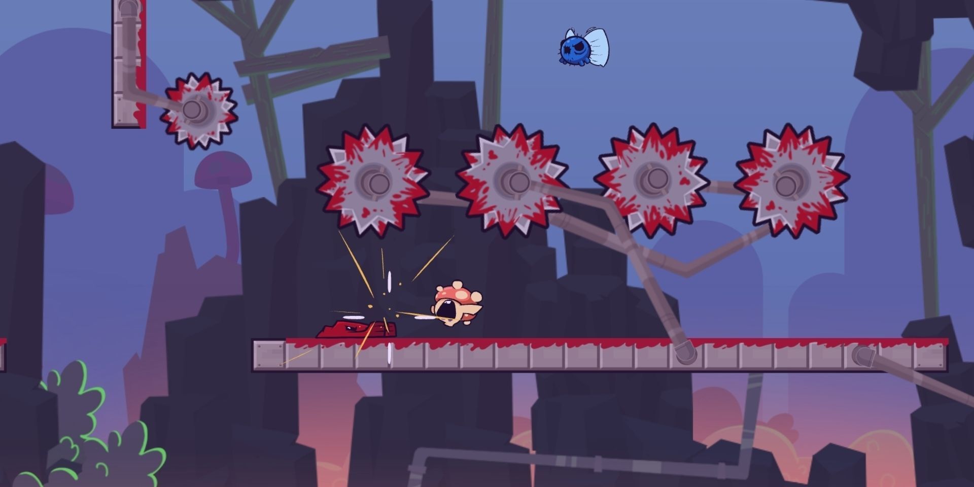 Super Meat Boy grinded in sharp razor gears in industrial stage
