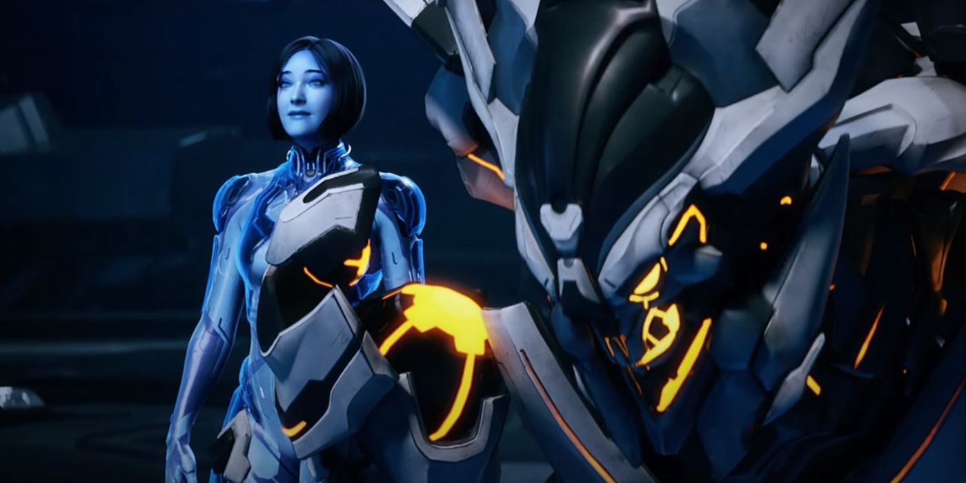 The Warden Eternal bows in subservience to Cortana, behind him.