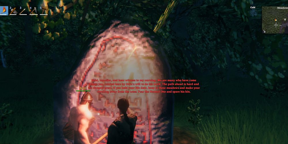 Valheim reading a rune stone with another player
