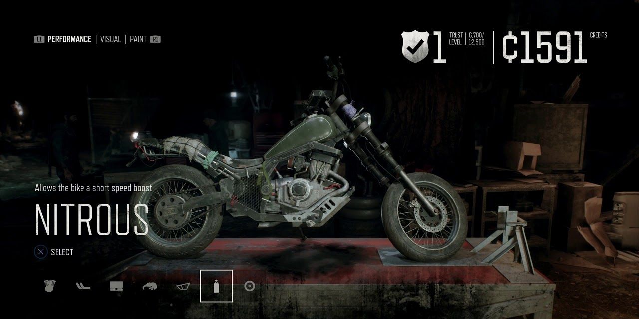The Bike Upgrade menu in Days Gone