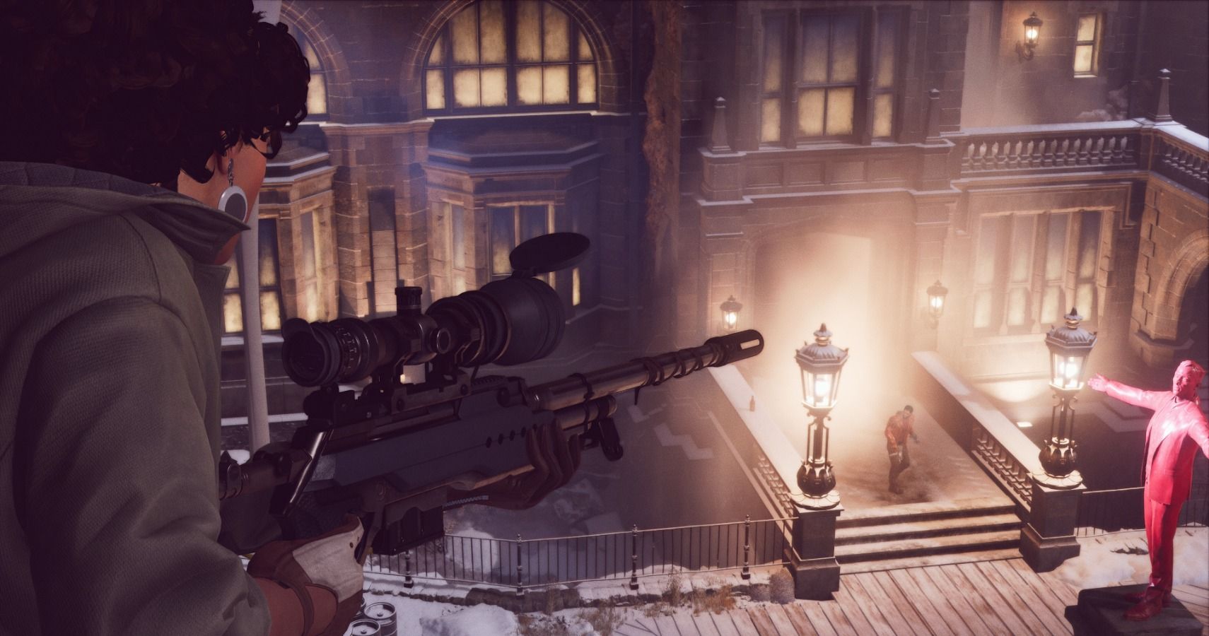Julianna takes aim at Colt from a rooftop in Deathloop, using a sniper rifle