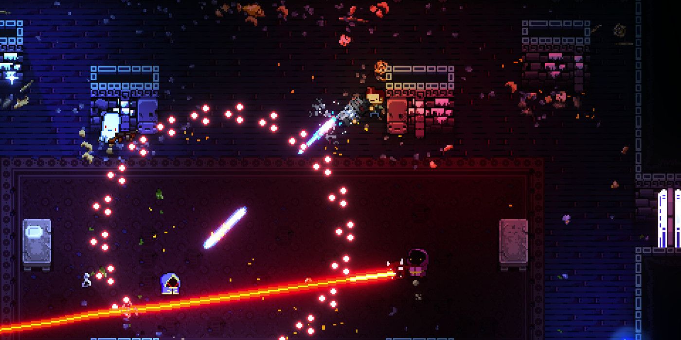 two people playing enter the gungeon co-op. There are bullets and lasers on the screen