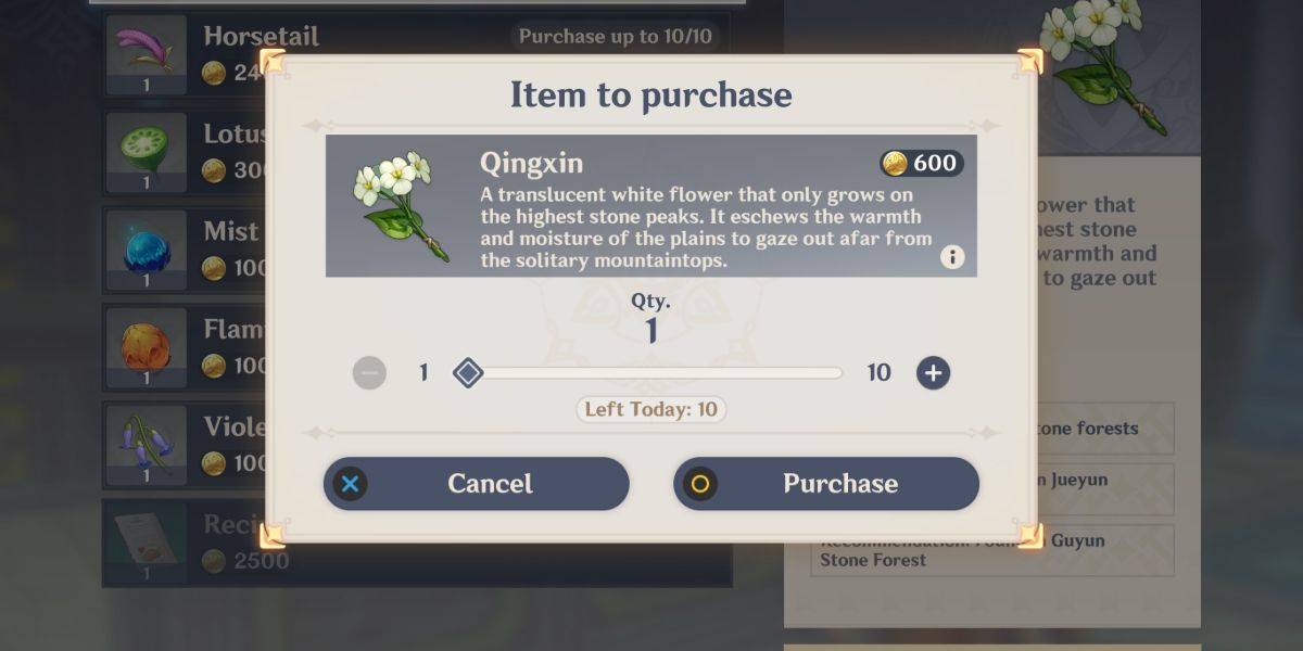 Genshin Impact: Qingxin flower being bought from Herbalist Gui in Liyue