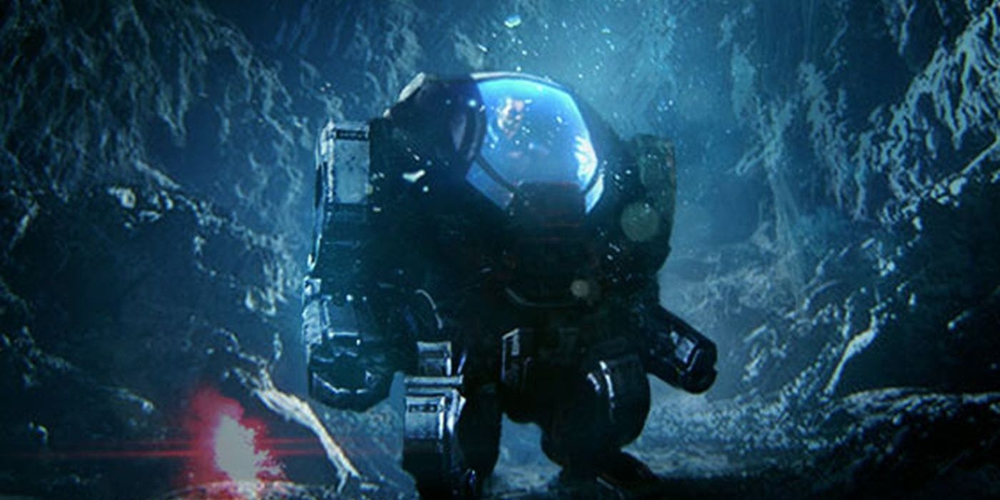 Shepard in aquatic mech-suit.