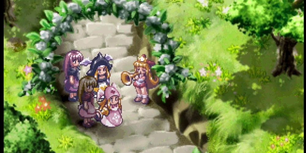 Girl playing trumpet in garden to other girls.