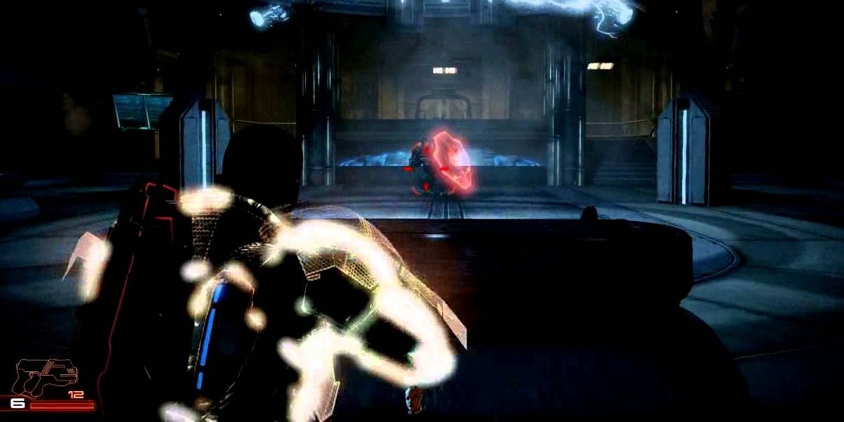 Shepard fighting the Shadow Broker.