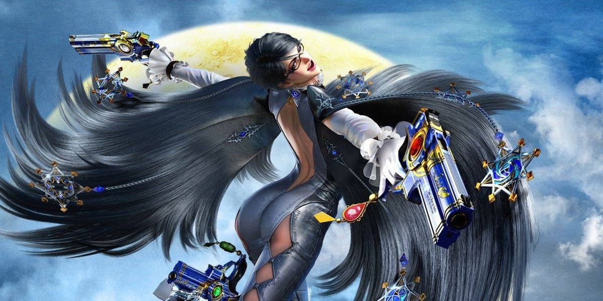 Bayonetta jumping upin the night sky.