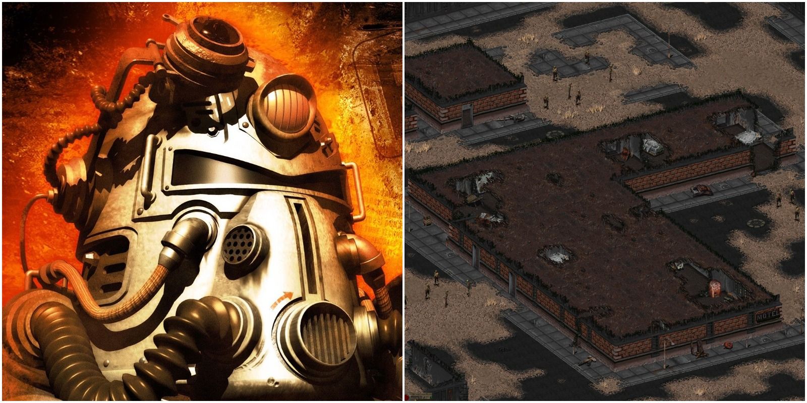 power armor helmet and building, fallout