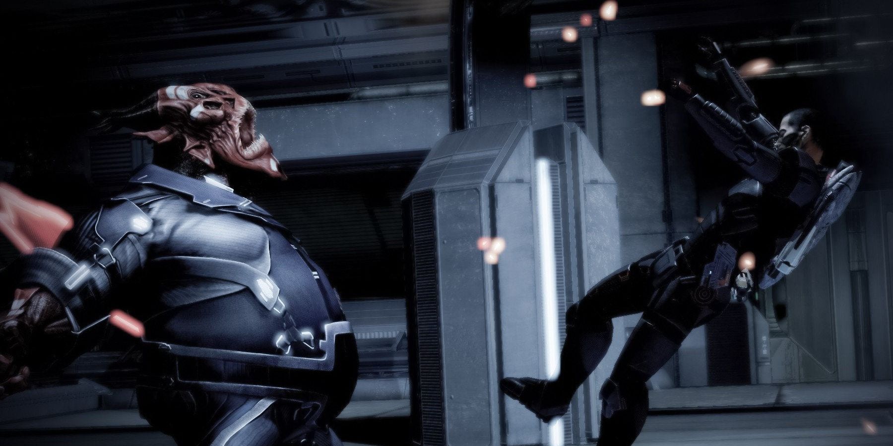 Shepard falling backwards while fighting the Shadow Broker.