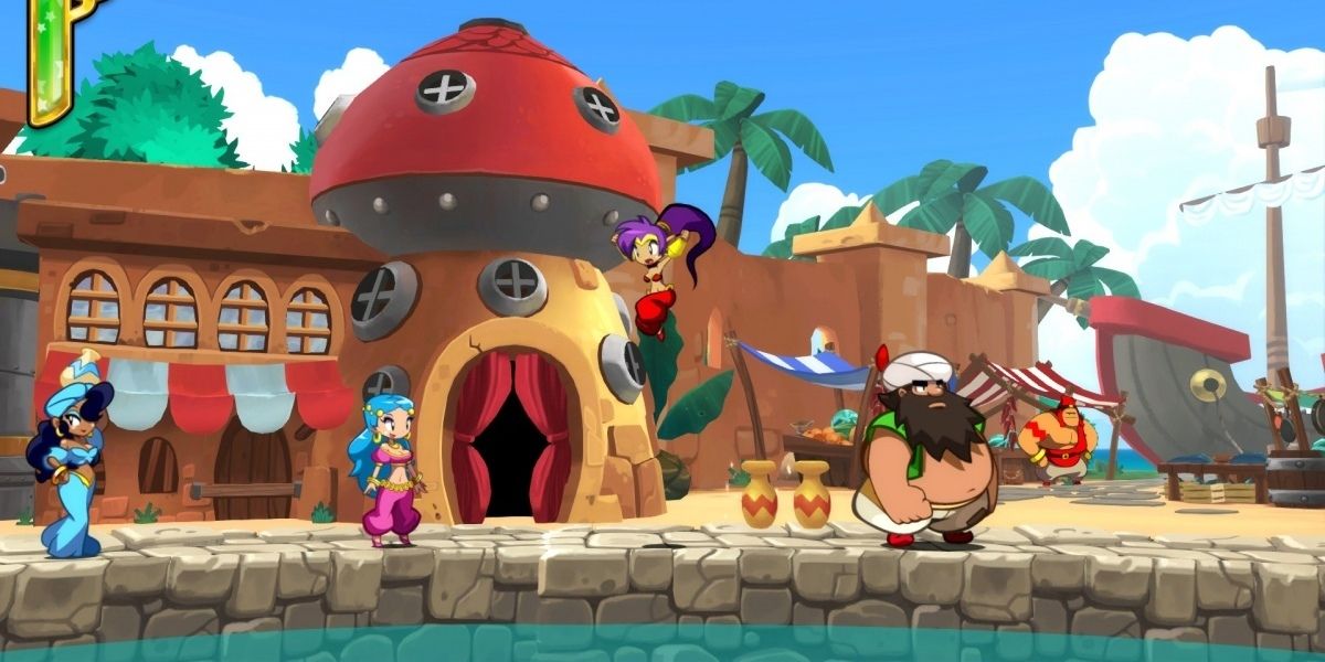 Seaside town with characters standing around.