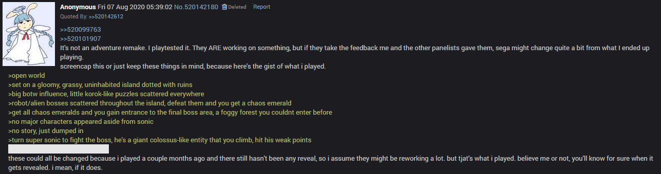 A text post from someone claiming to have played the new Sonic game early. They reveal they did not enjoy it, and that it will be open world. 