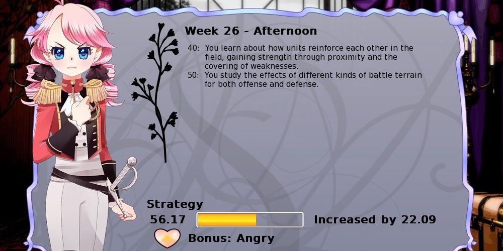 Pink-haired girl next to summary and stat increase window.