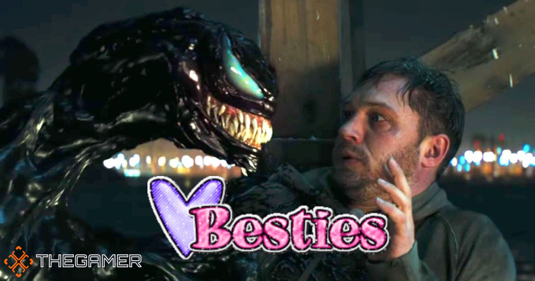 venom's floating head scaring eddie - the word besties with a pink heart is below them